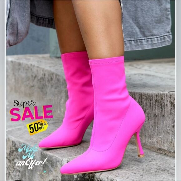 🩷 SHEIN fuchsia pink pointy high heel zip midcalf sock boots booties size 10 - Picture 1 of 11